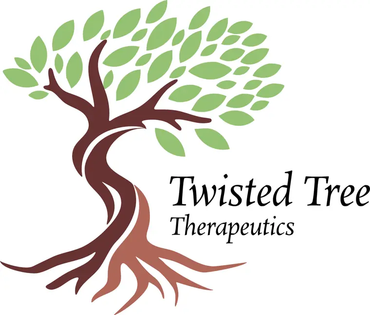 The final logo: a flat two-tone spiral tree with sage canopy and maroon trunk and roots, beside a serif Twisted Tree Therapeutics wordmark