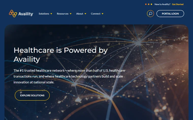 Availity homepage: navigation above a dark network illustration with the headline Healthcare is Powered by Availity