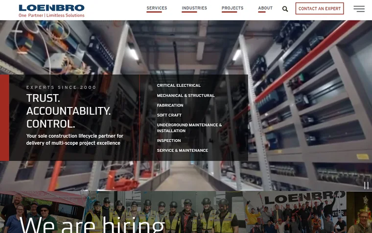 Loenbro homepage: logo, navigation and a Trust, Accountability, Control headline over a photo of an industrial electrical facility