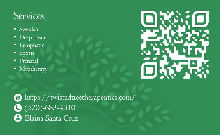 The Twisted Tree Therapeutics card back: services, contact details and a QR code over a green tree watermark